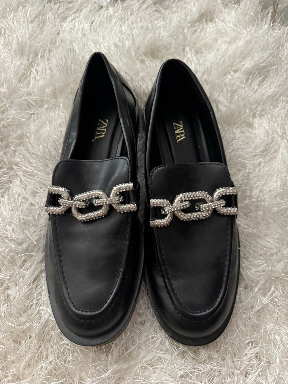 Zara Black Leather Loafers with Rhinestone Chain Accent